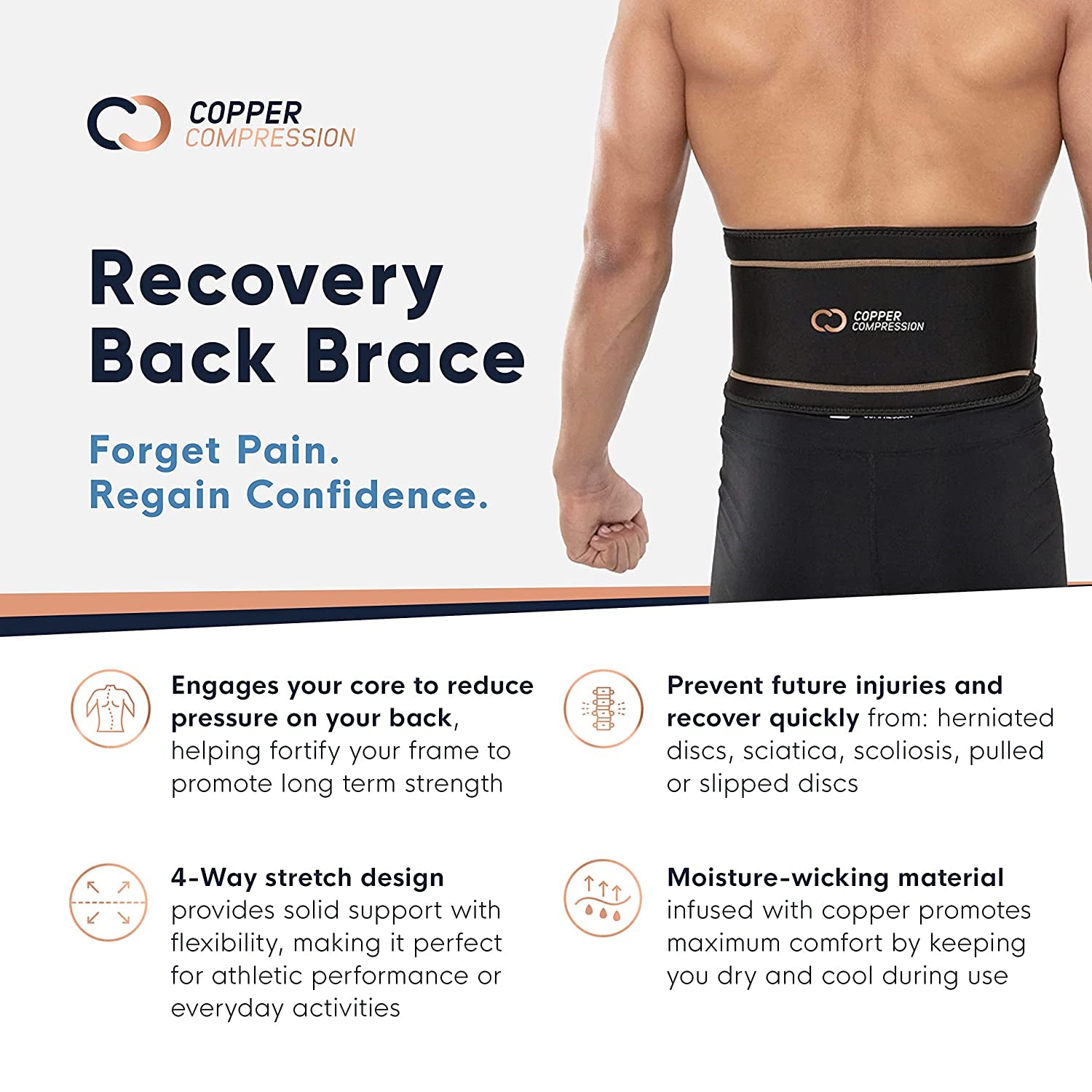 Back Brace - Copper Infused Orthopedic Lower Lumbar Support Belt. Relieves Muscle & Ligament Strain, Arthritis, Osteoporosis, Hernia, Ruptured Disc, Sciatica, Scoliosis, Fits Men & Women